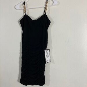 Speechless Bodycon Dress Women Medium Black NWT Gold Chain Strap Ruched Mini LBD